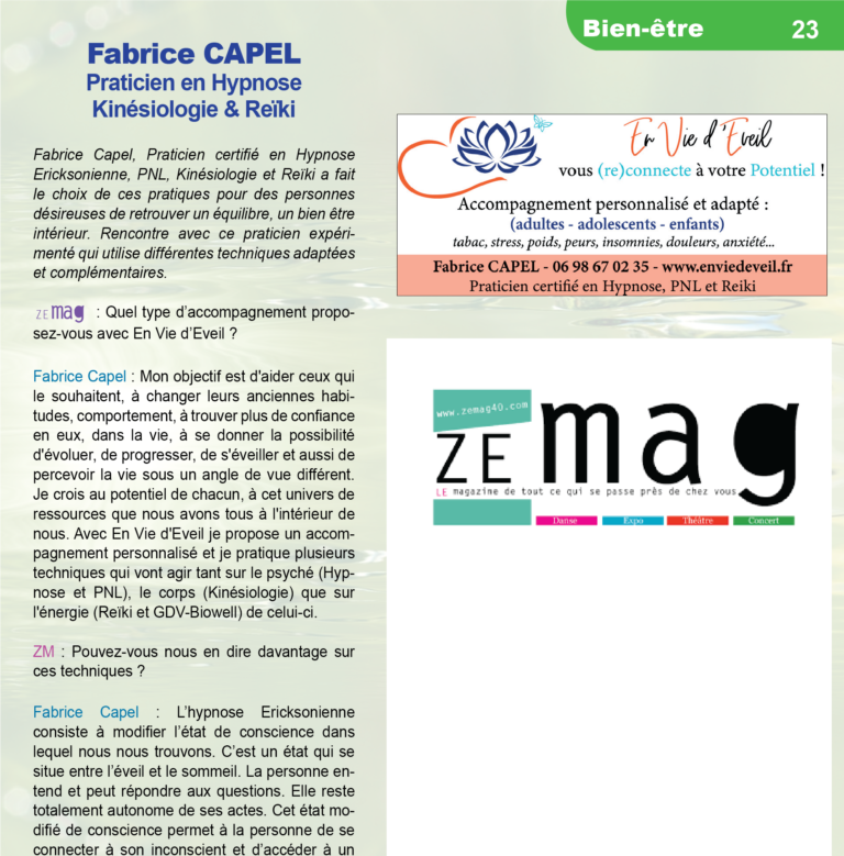 Article paru dans le magazine Ze Mag présentant Fabrice Capel.